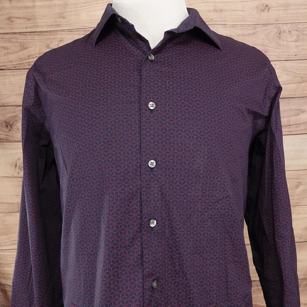 Alfani Shirt Mens XL Blue Geometric Long Sleeve Button-Up Slim Fit Stretch